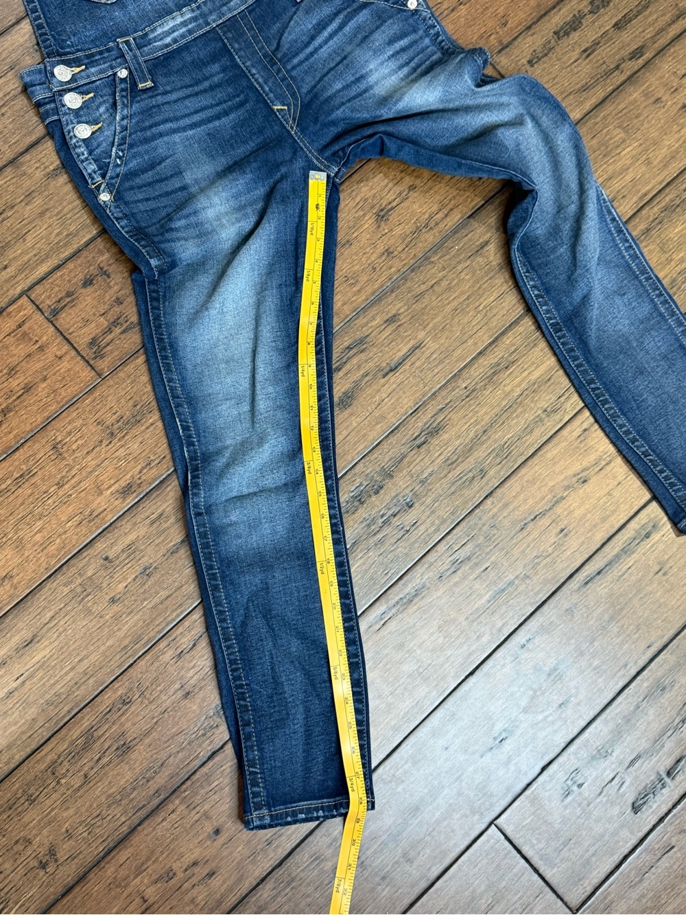 True Religion Skinny Leg Medium Wash Denim Overalls Jumpsuit Size Large - Picture 6 of 16